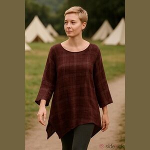 ZANZEA COTTON CREPE BURGUNDY WINDOW PANE PLAID SCOOP NECK 3/4 SLEEVE TUNIC TOP M